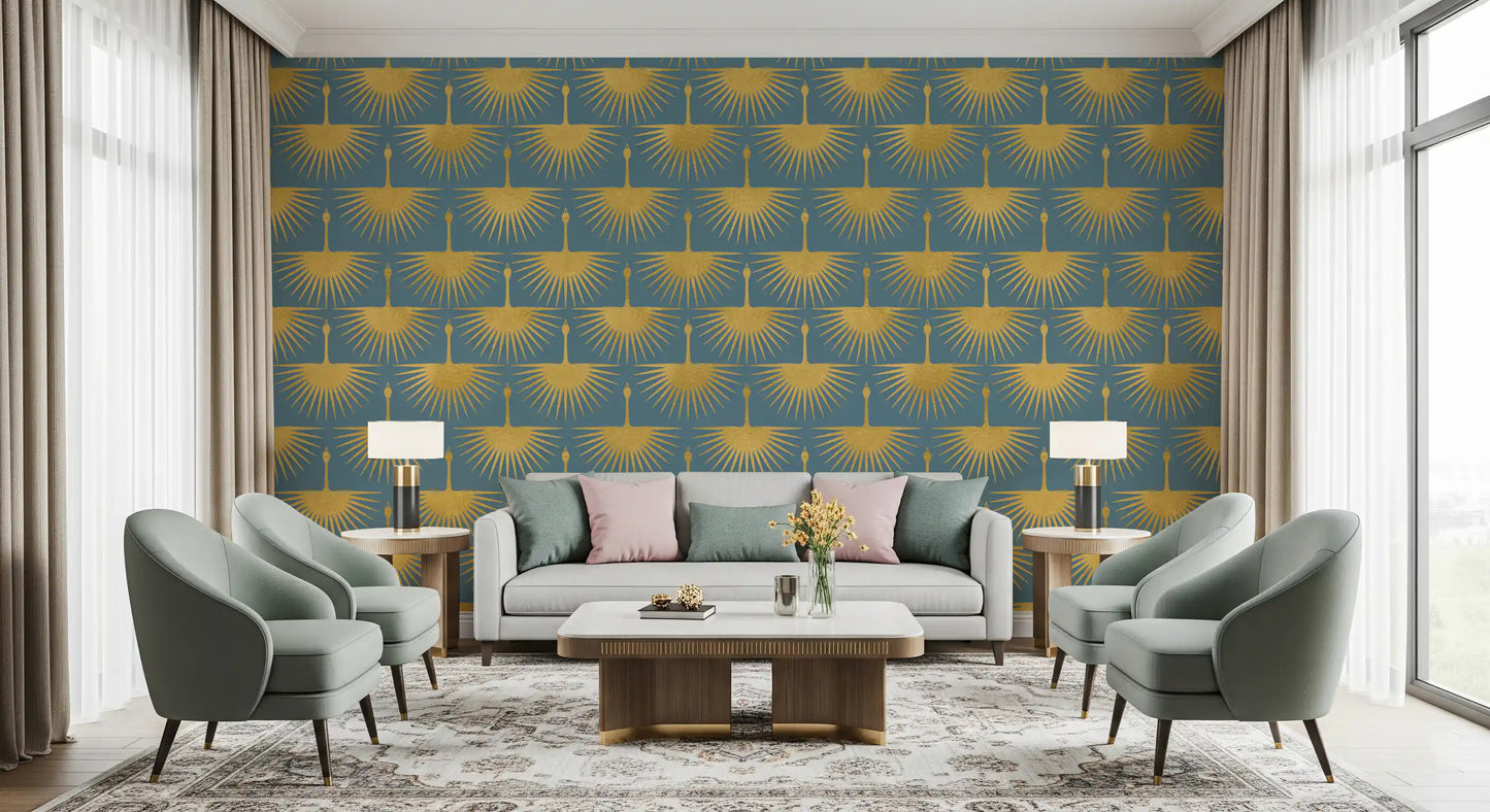 Gold bird wallpaper showing cranes with outspread feathers on blue-grey., GD10653