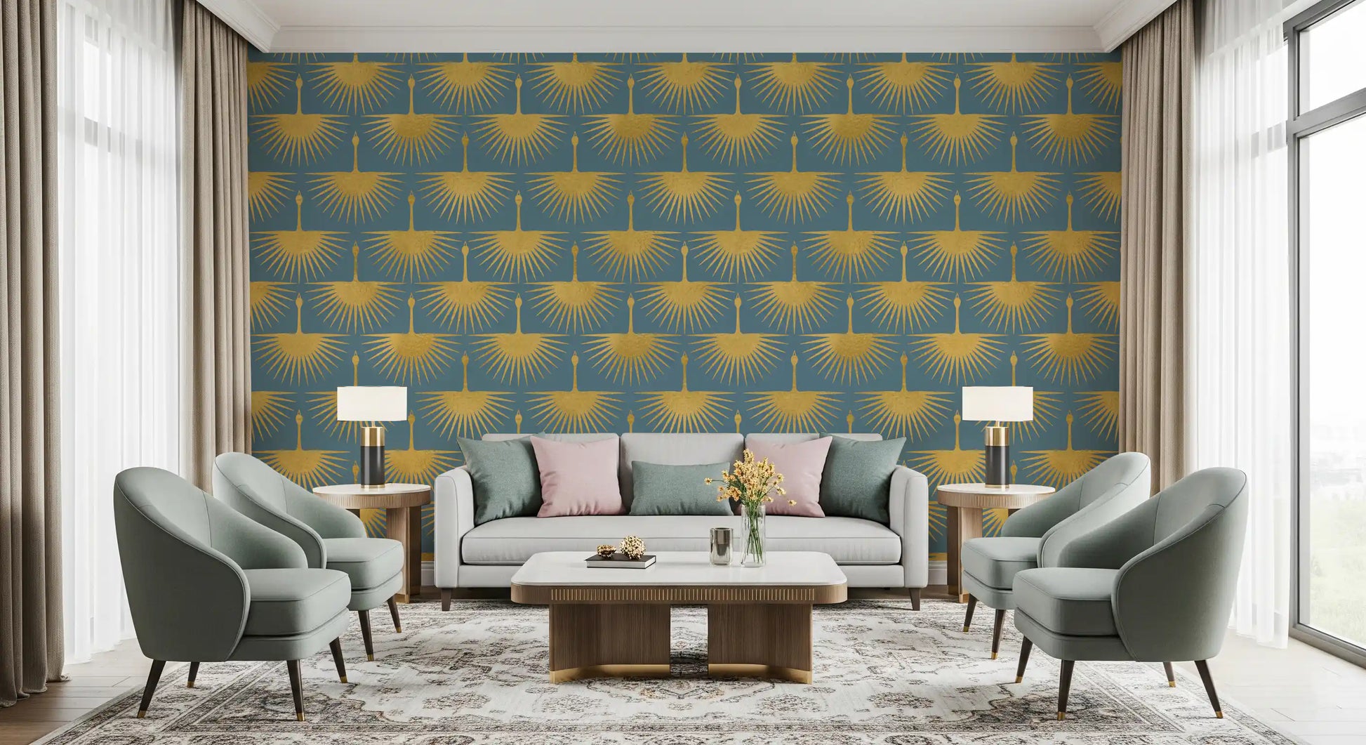Gold bird wallpaper showing cranes with outspread feathers on blue-grey., GD10653