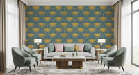 Gold bird wallpaper showing cranes with outspread feathers on blue-grey., GD10653