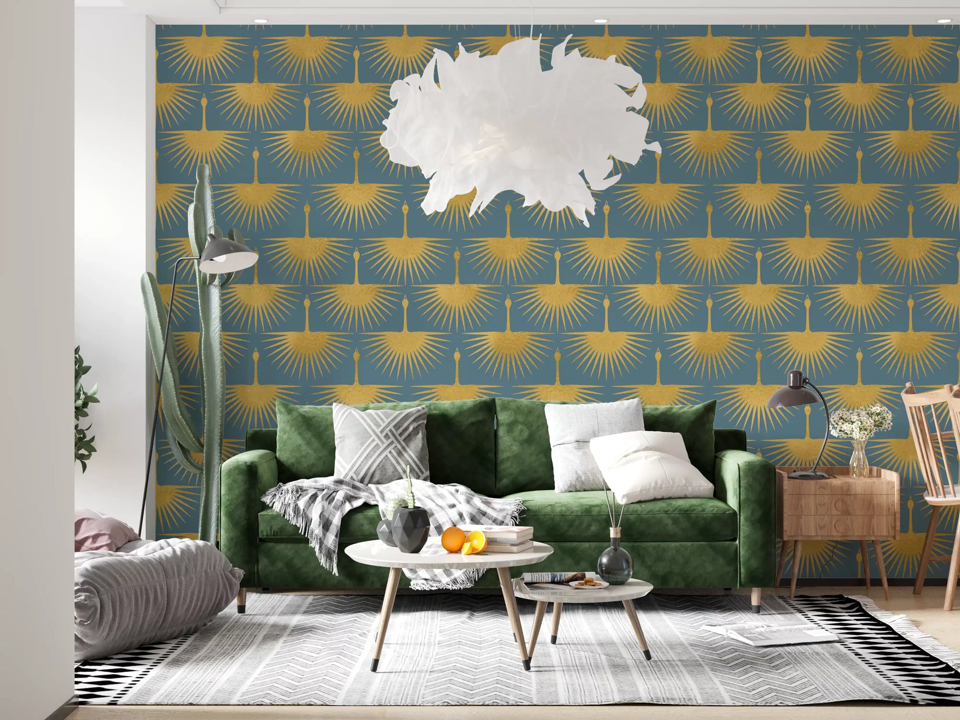 Rows of golden cranes wallpaper with tapered feather lines on a blue-grey ground., GD10653