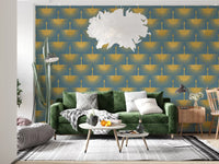 Rows of golden cranes wallpaper with tapered feather lines on a blue-grey ground., GD10653