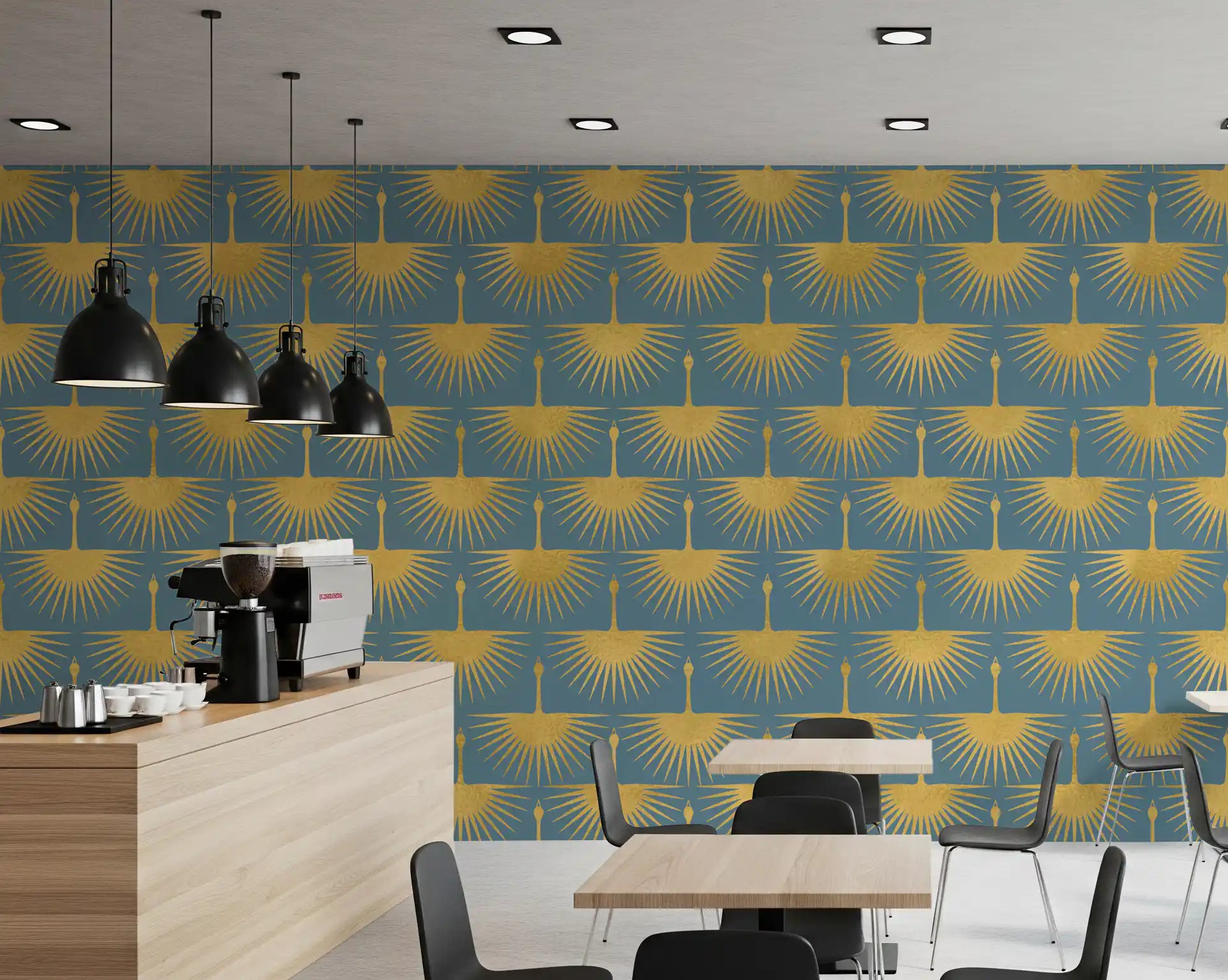 Metallic gold crane motifs wallpaper with fan-shaped wings on a duck egg blue ground., GD10653