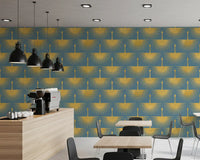 Metallic gold crane motifs wallpaper with fan-shaped wings on a duck egg blue ground., GD10653