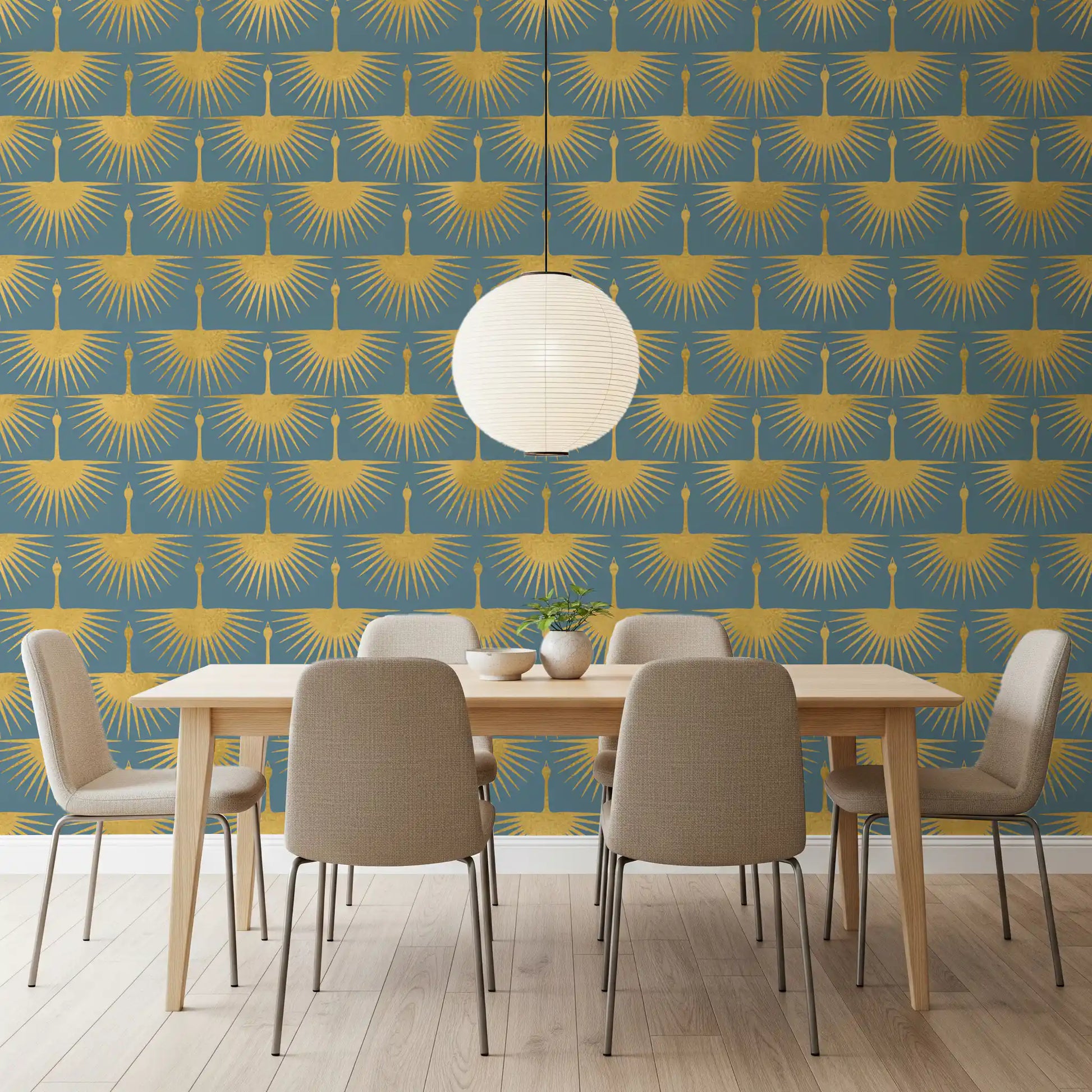 Textured gold cranes wallpaper on a blue-grey background in dining room., GD10653