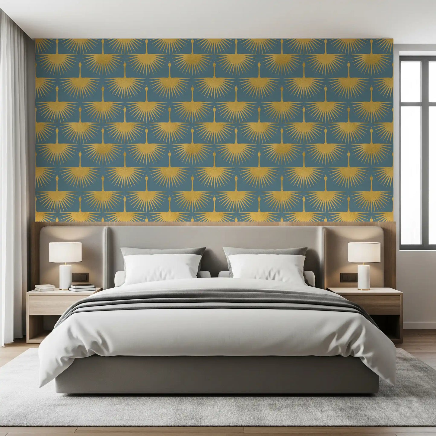 Textured gold crane pattern wallpaper on blue-grey wallpaper in a styled bedroom., GD10653