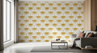 Symmetrical gold sunburst crane pattern wallpaper with radiating wings., GD10654