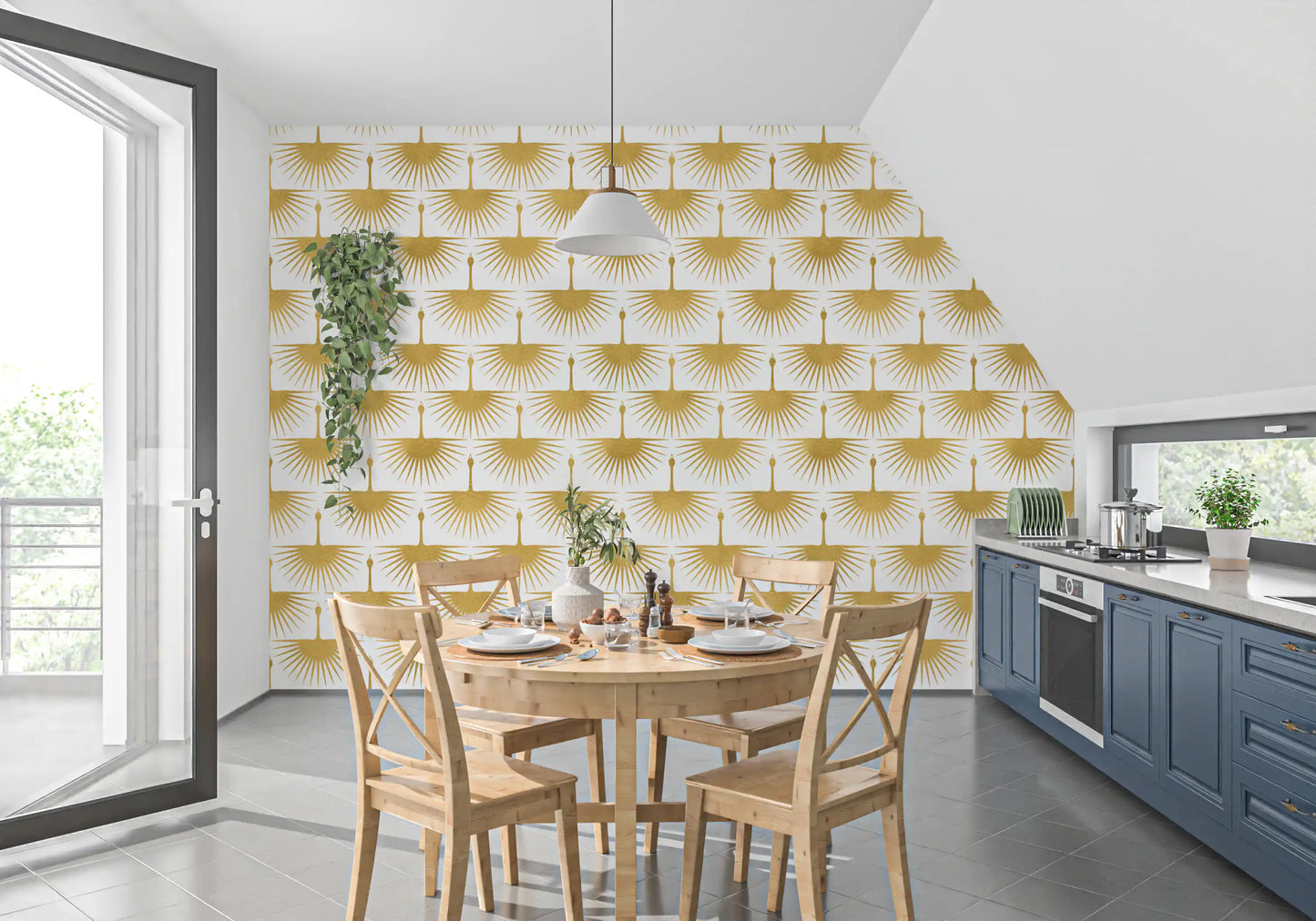 Textured gold cranes wallpaper with a bright white surface in dining room., GD10654