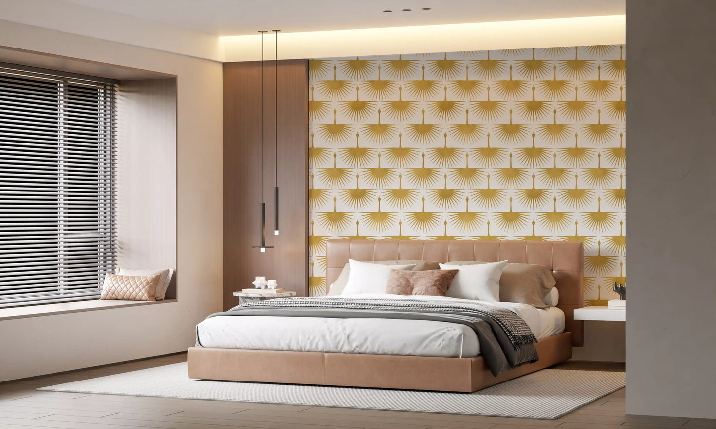 Gold bird wallpaper showing cranes with outspread feather rays in bedroom., GD10654