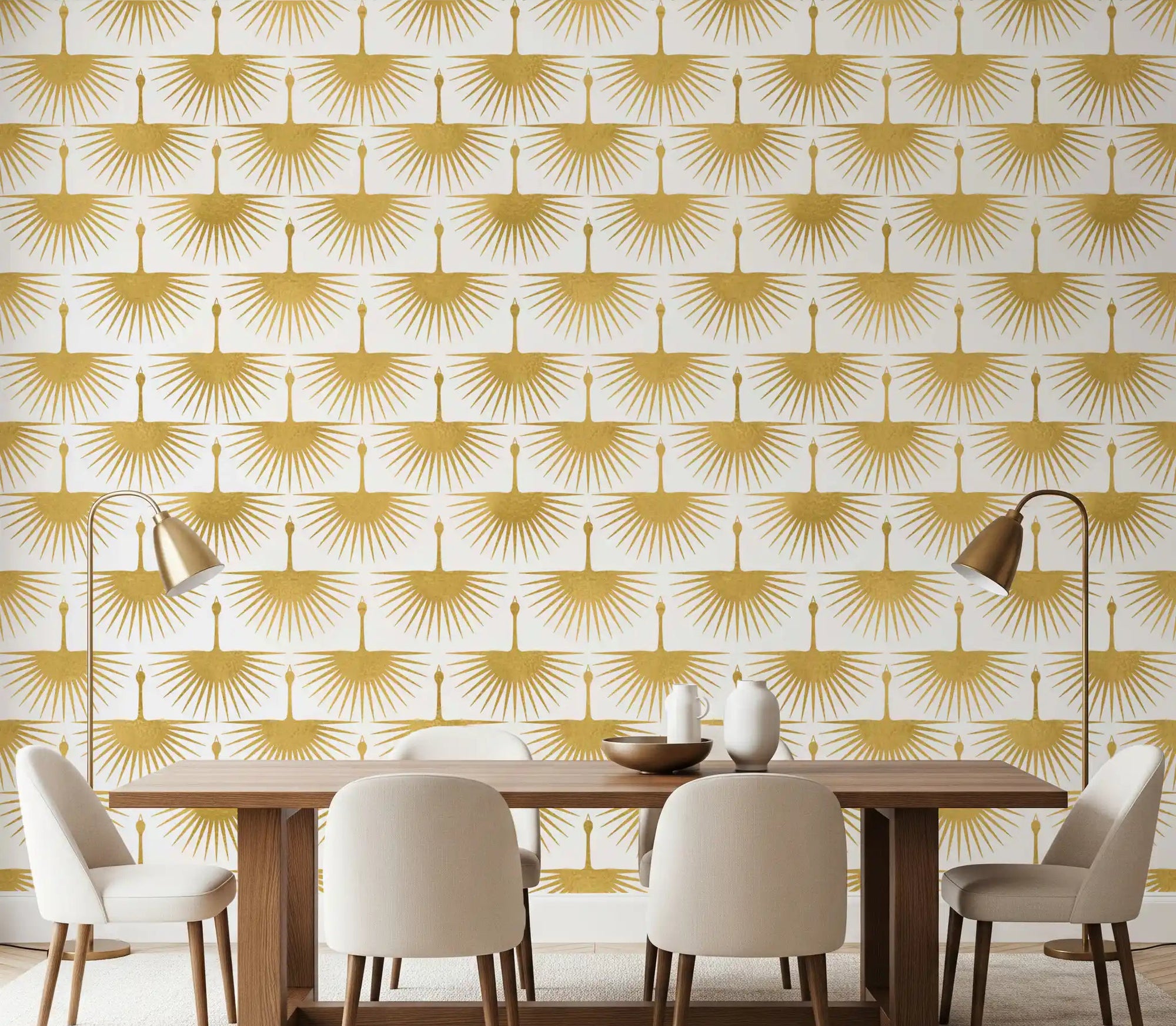 Textured gold crane pattern on white wallpaper in a styled dining room., GD10654