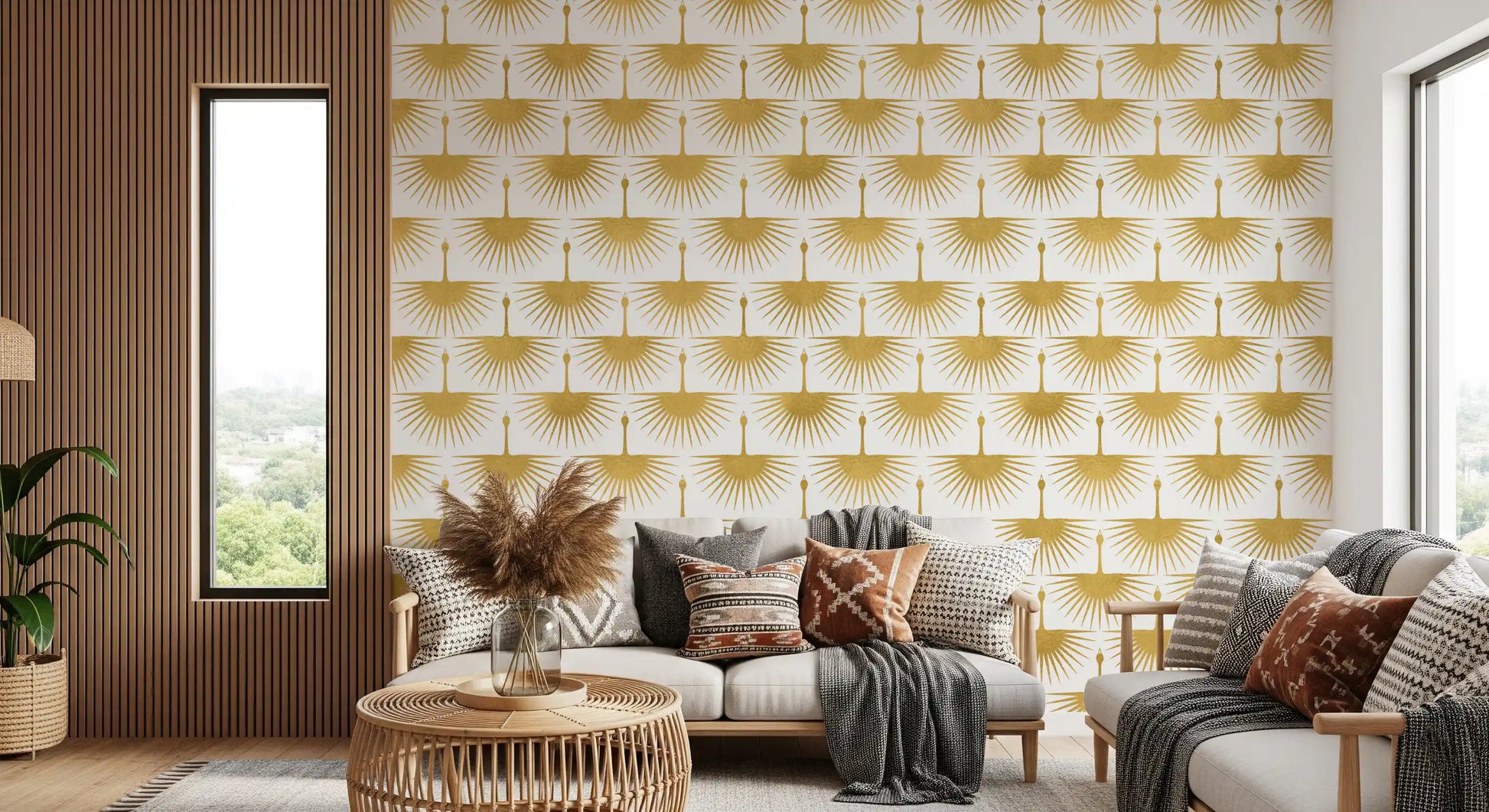 Golden sunburst crane wallpaper on white in a bright living room., GD10654