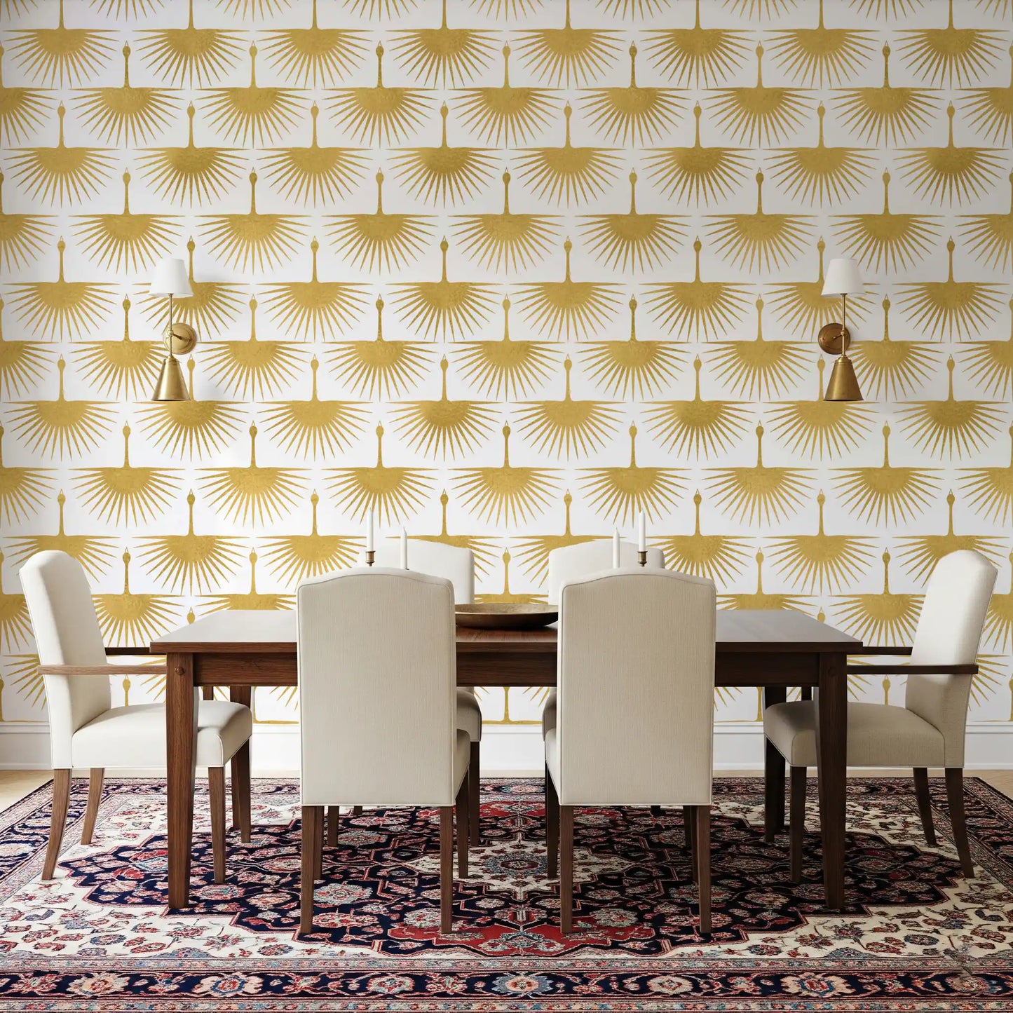 Rows of golden cranes wallpaper with tapered feather lines on a white ground., GD10654
