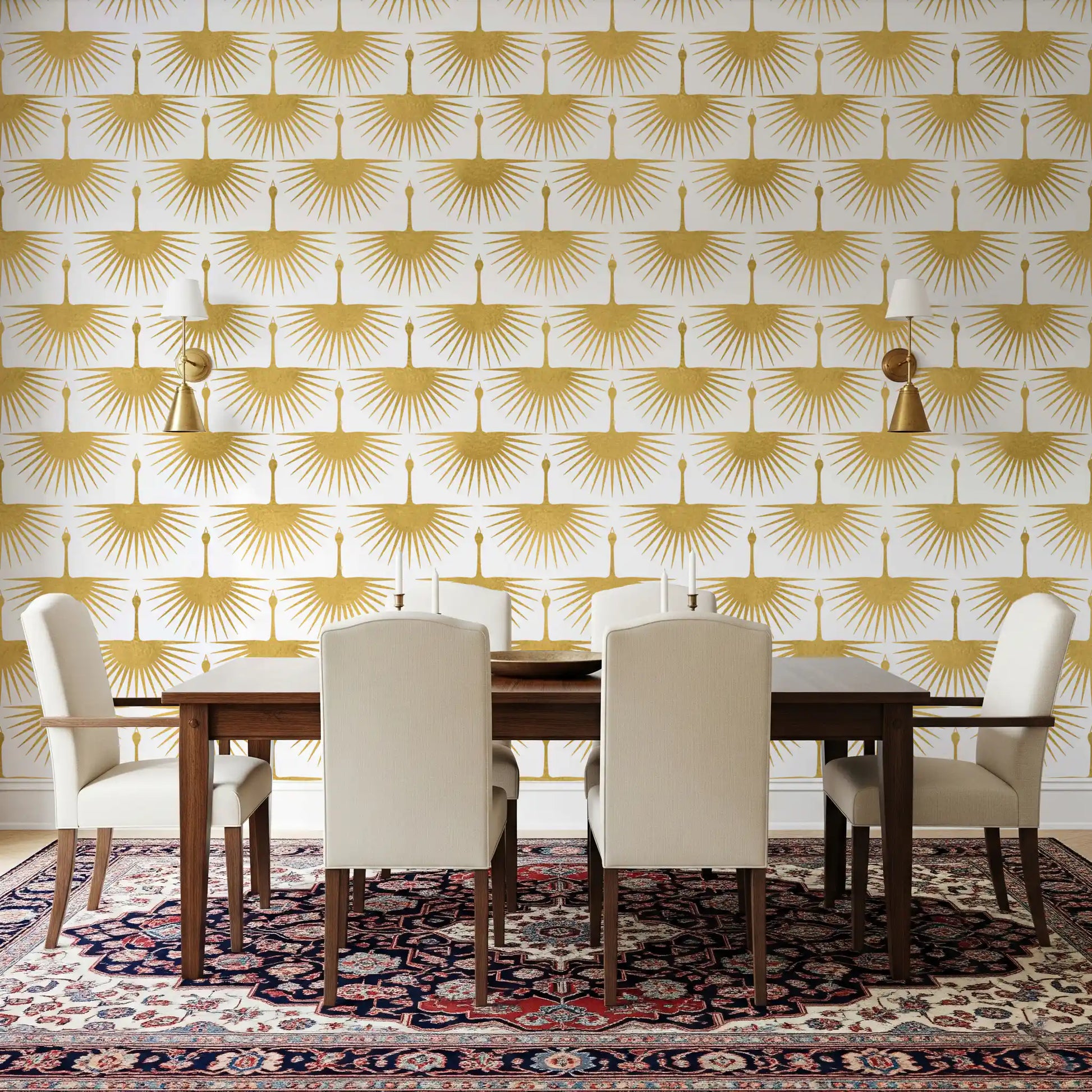 Rows of golden cranes wallpaper with tapered feather lines on a white ground., GD10654