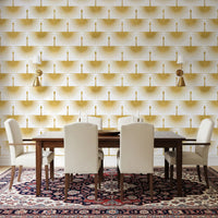 Rows of golden cranes wallpaper with tapered feather lines on a white ground., GD10654