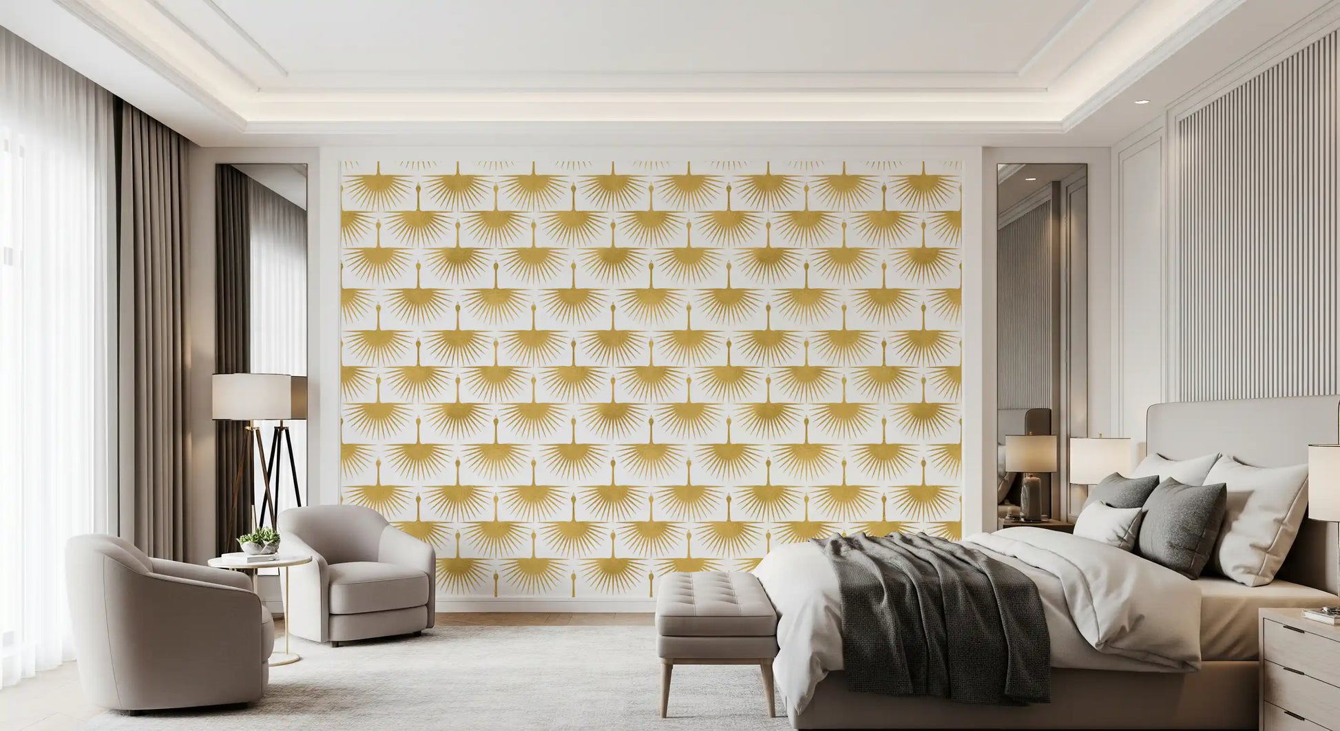 Textured gold cranes arranged in rows on a white wallpaper background., GD10654