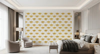 Textured gold cranes arranged in rows on a white wallpaper background., GD10654