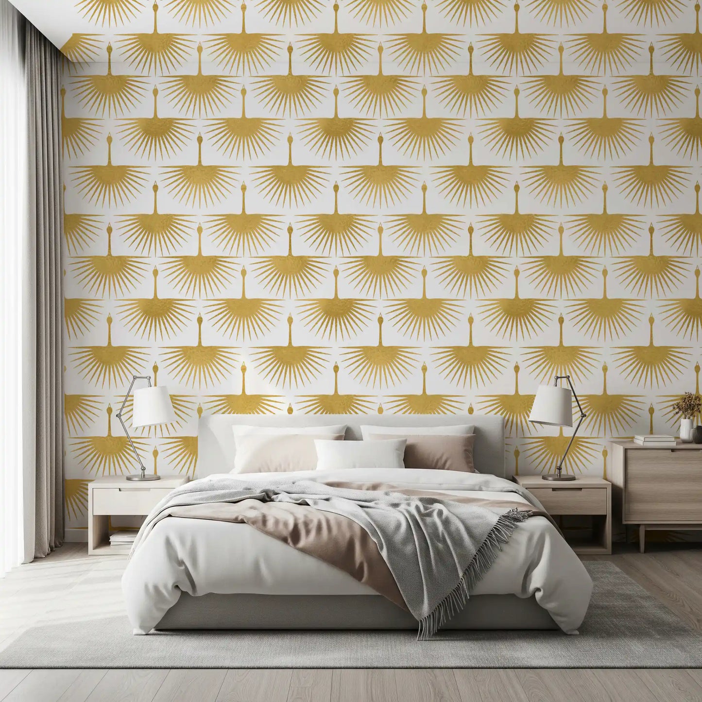 Metallic gold crane motifs wallpaper with fan-shaped wings in bedroom., GD10654