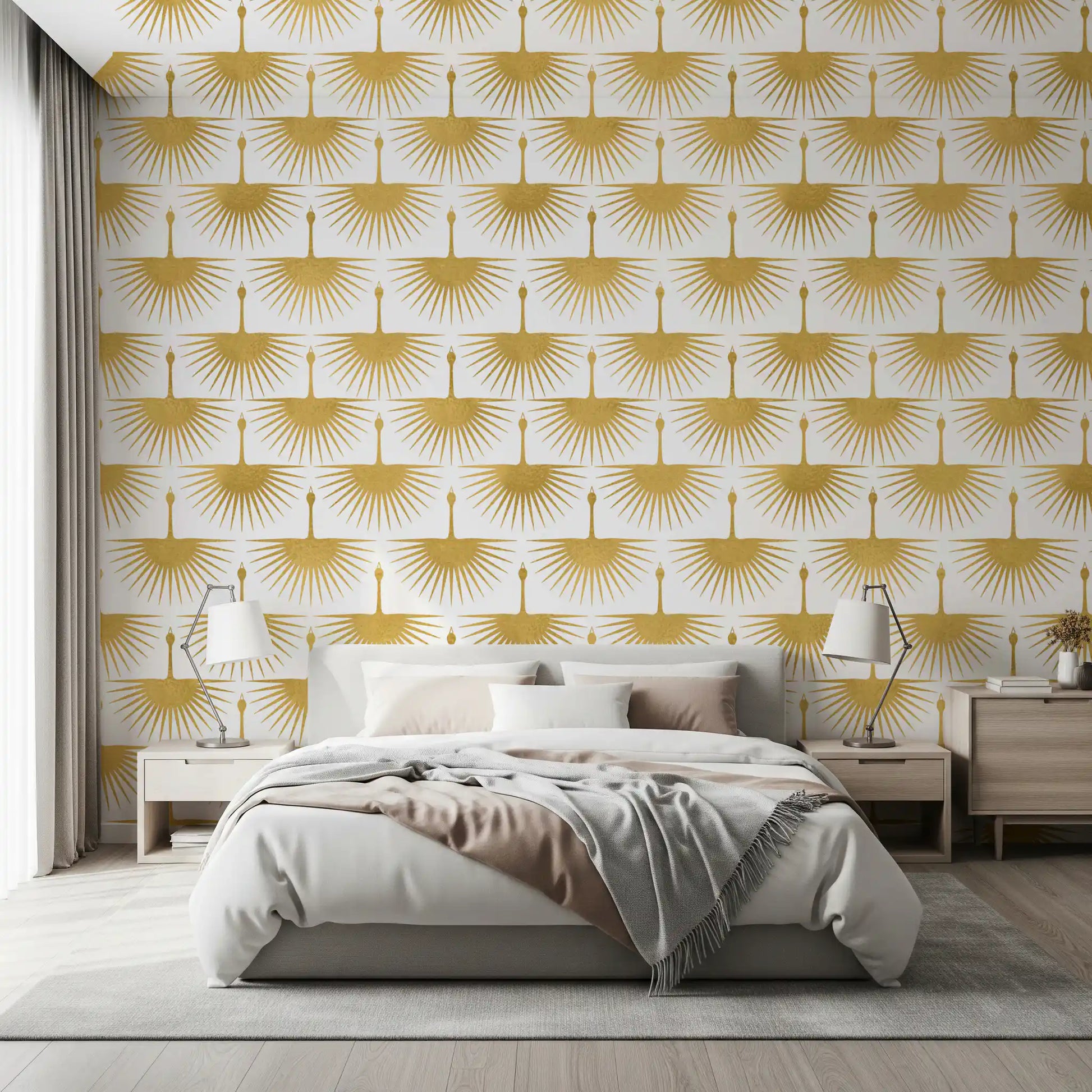 Metallic gold crane motifs wallpaper with fan-shaped wings in bedroom., GD10654