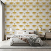 Metallic gold crane motifs wallpaper with fan-shaped wings in bedroom., GD10654