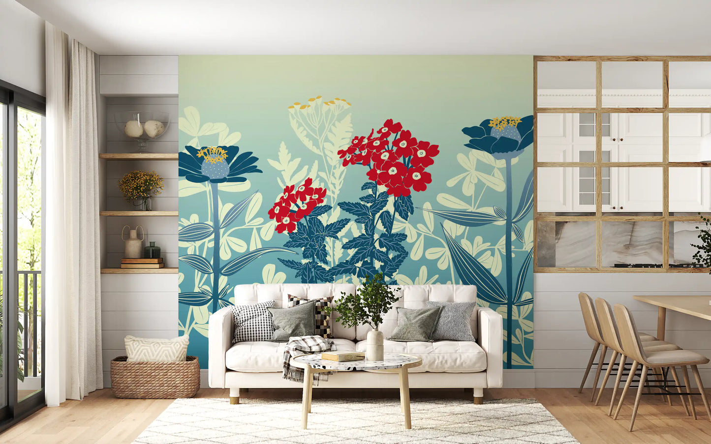 Crimson and Teal Retro Botanical Meadow Wall Mural