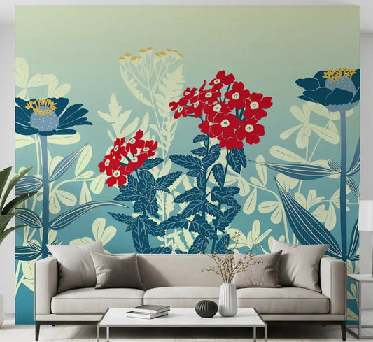Botanical meadow mural on a living room feature wall with red and teal flowers.
