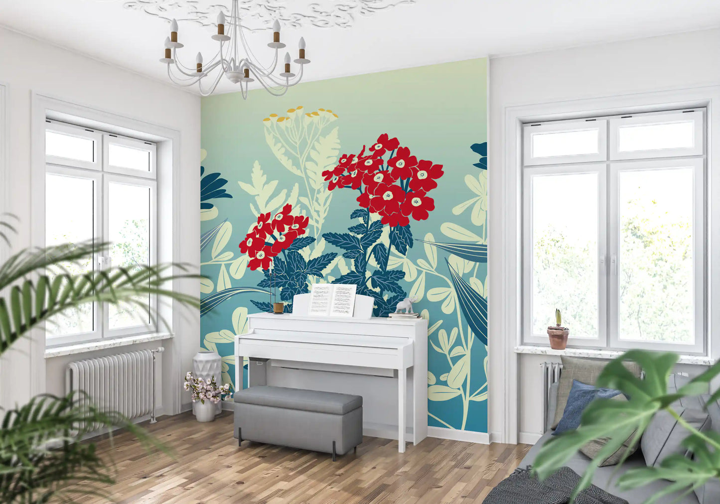 Crimson and Teal Retro Botanical Meadow Wall Mural