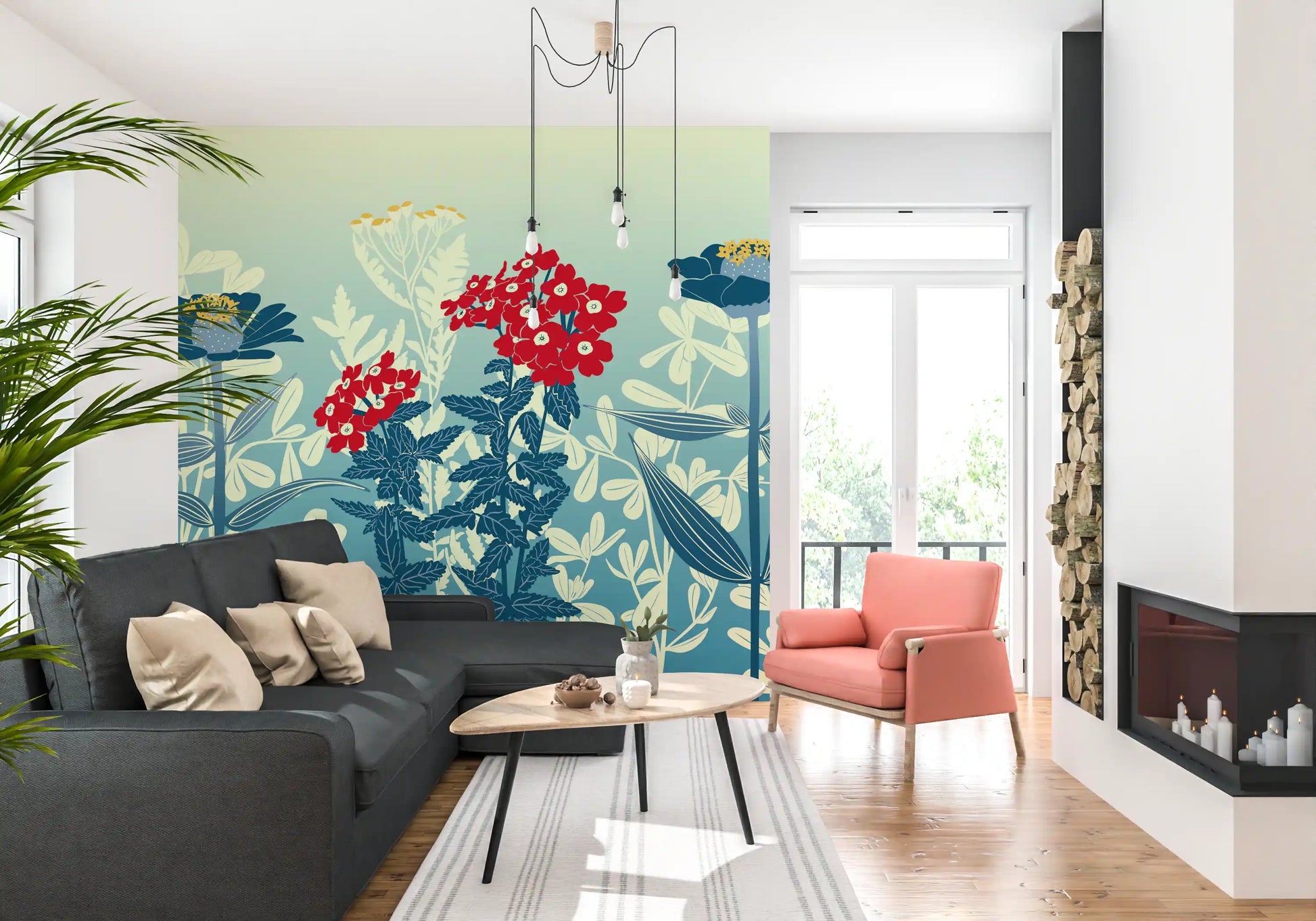 Crimson and Teal Retro Botanical Meadow Wall Mural