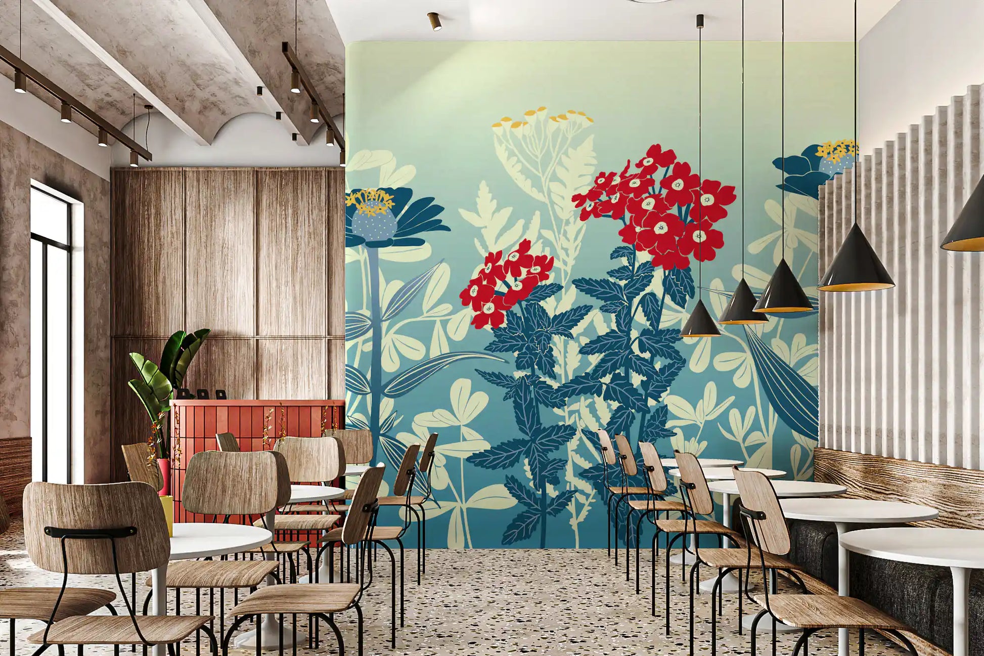 Crimson and Teal Retro Botanical Meadow Wall Mural