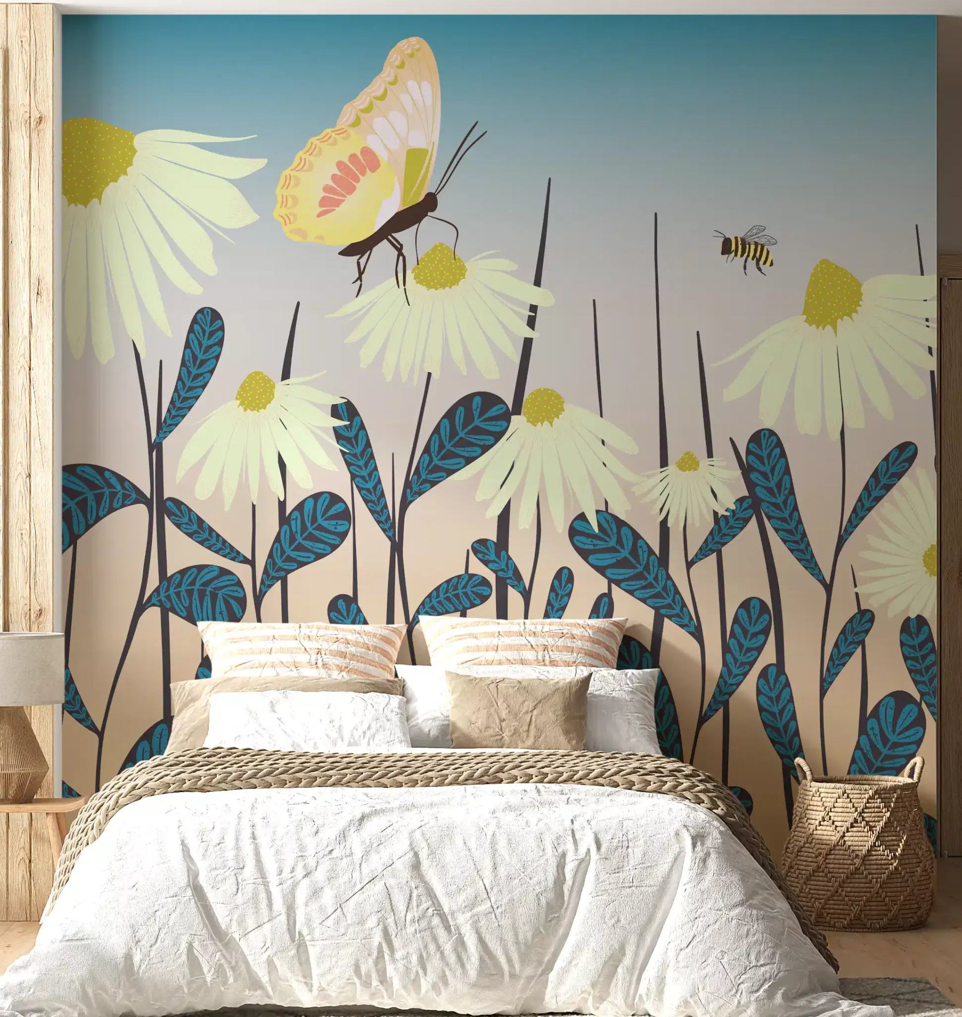 Bedroom wall with sunny daisy garden mural and blue-to-peach gradient sky., GD10656