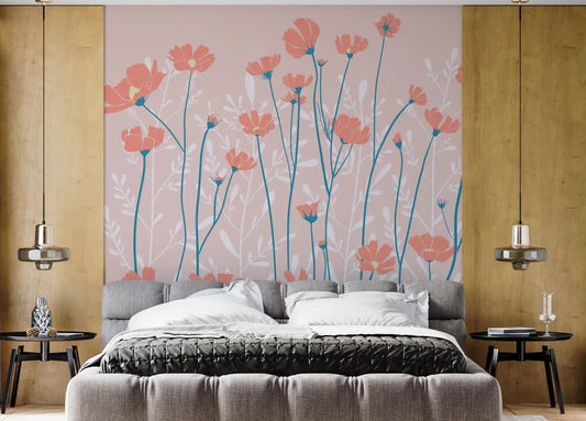 Wildflower botanical mural on a bedroom feature wall with coral and teal tones.