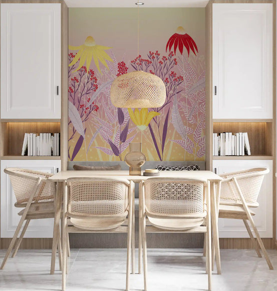 Dining room wall with dreamy pastel meadow mural and golden gradient base., GD10658