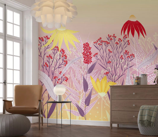 Mauve and lilac grasses wall mural with yellow and red wildflowers.