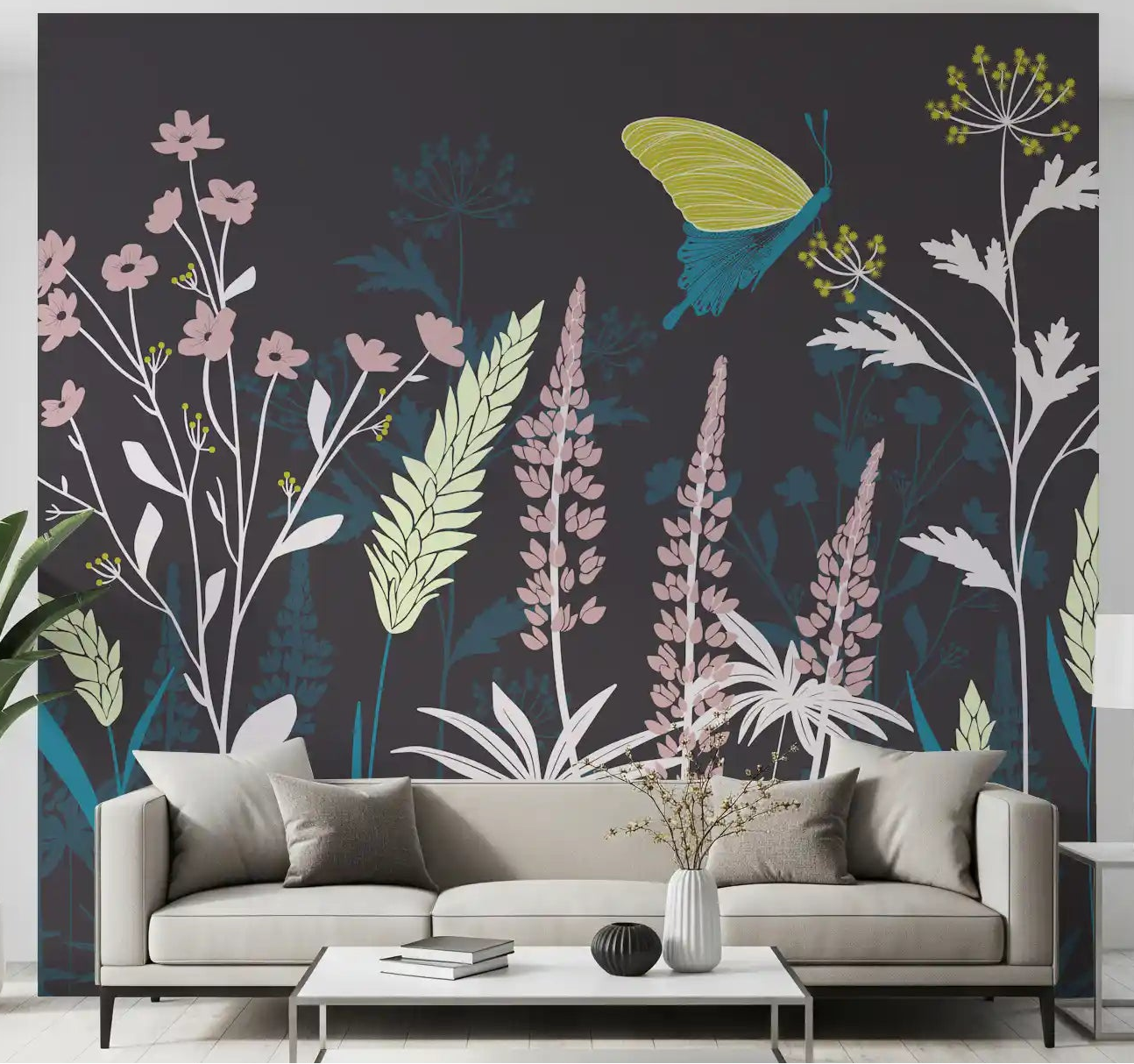 Living room wall with enchanted twilight meadow mural and dark charcoal base., GD10659