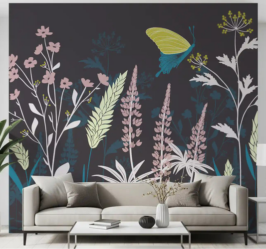 Living room wall with enchanted twilight meadow mural and dark charcoal base.