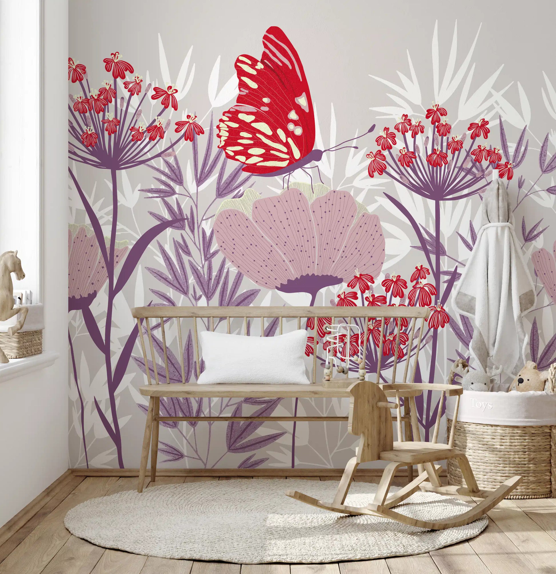 Crimson Butterfly and Mauve Garden Wallpaper Wall Mural