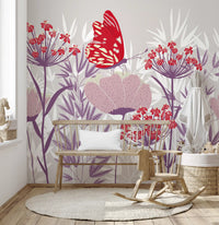 Crimson Butterfly and Mauve Garden Wallpaper Wall Mural