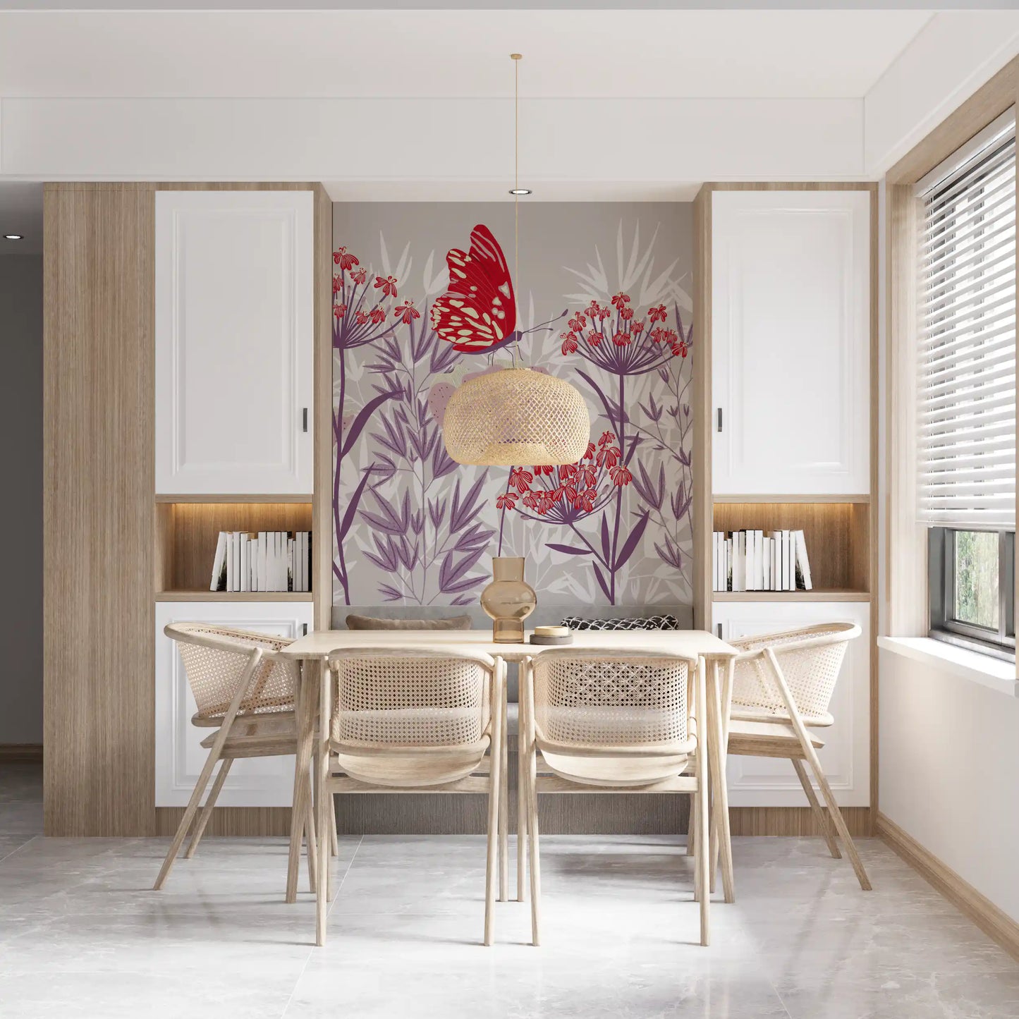 Crimson Butterfly and Mauve Garden Wallpaper Wall Mural
