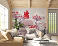 Crimson Butterfly and Mauve Garden Wallpaper Wall Mural