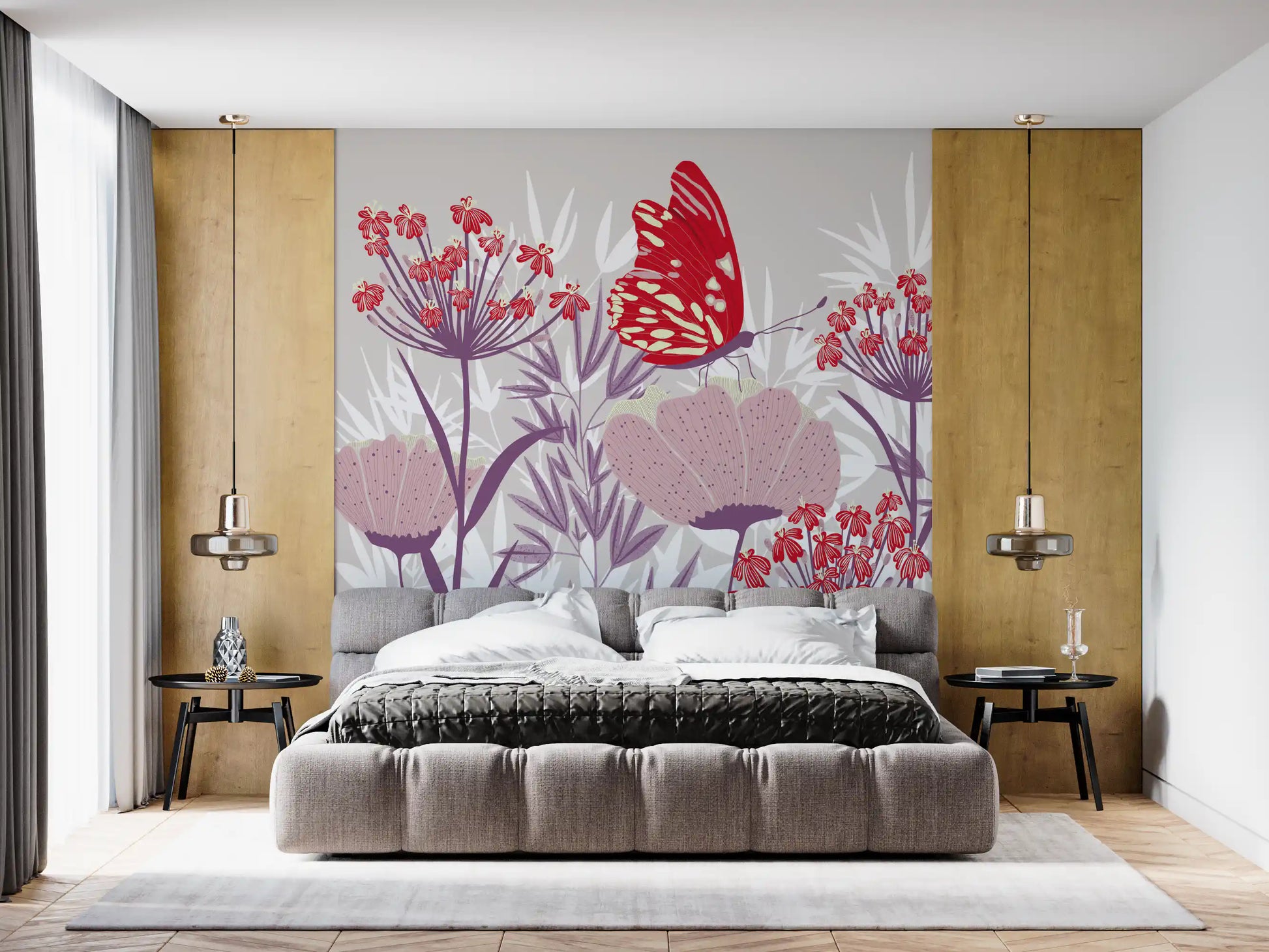 Crimson Butterfly and Mauve Garden Wallpaper Wall Mural