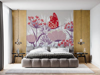 Crimson Butterfly and Mauve Garden Wallpaper Wall Mural