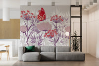 Crimson Butterfly and Mauve Garden Wallpaper Wall Mural