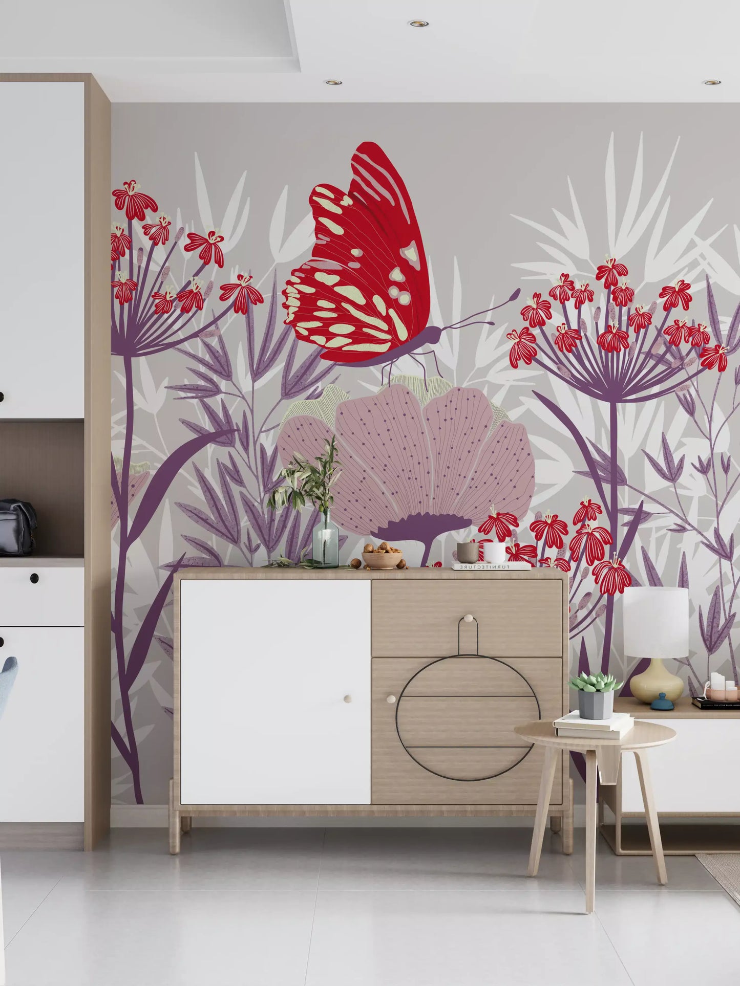 Crimson Butterfly and Mauve Garden Wallpaper Wall Mural