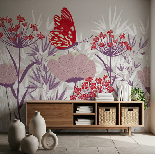 Floral butterfly wall mural styled in a calm hallway setting.