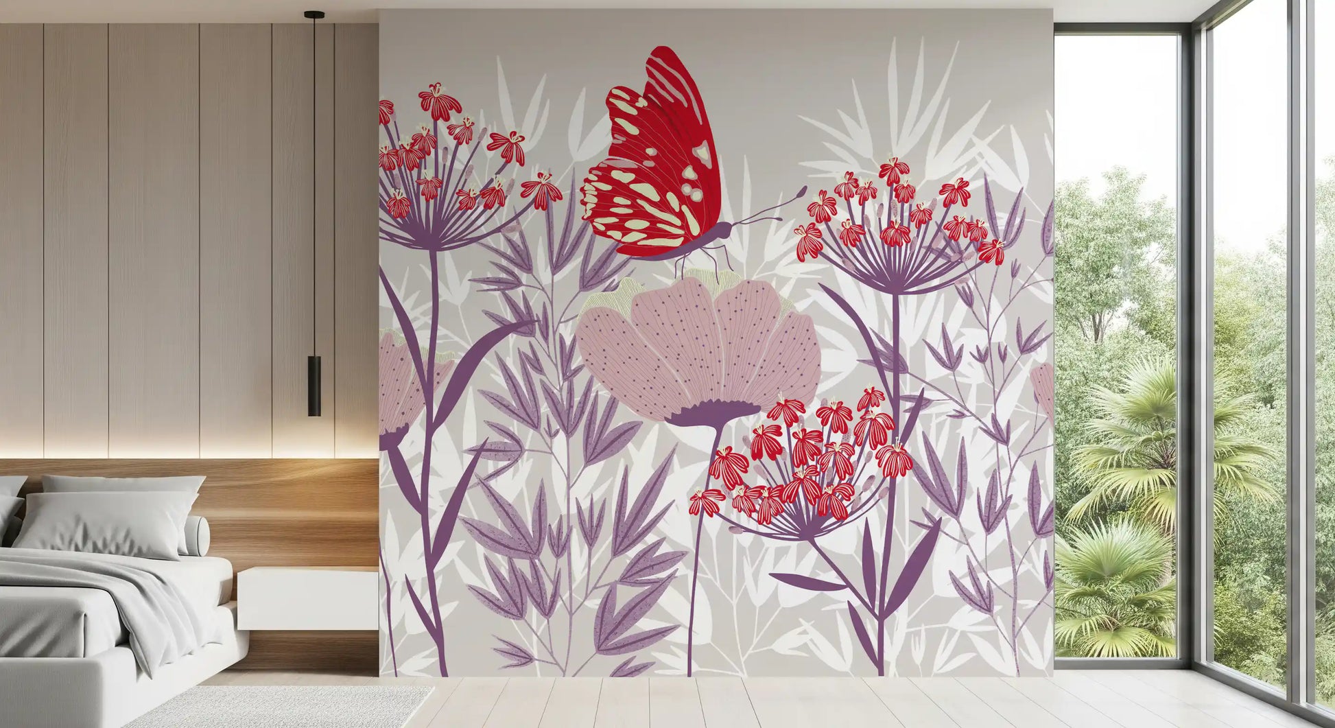 Crimson Butterfly and Mauve Garden Wallpaper Wall Mural