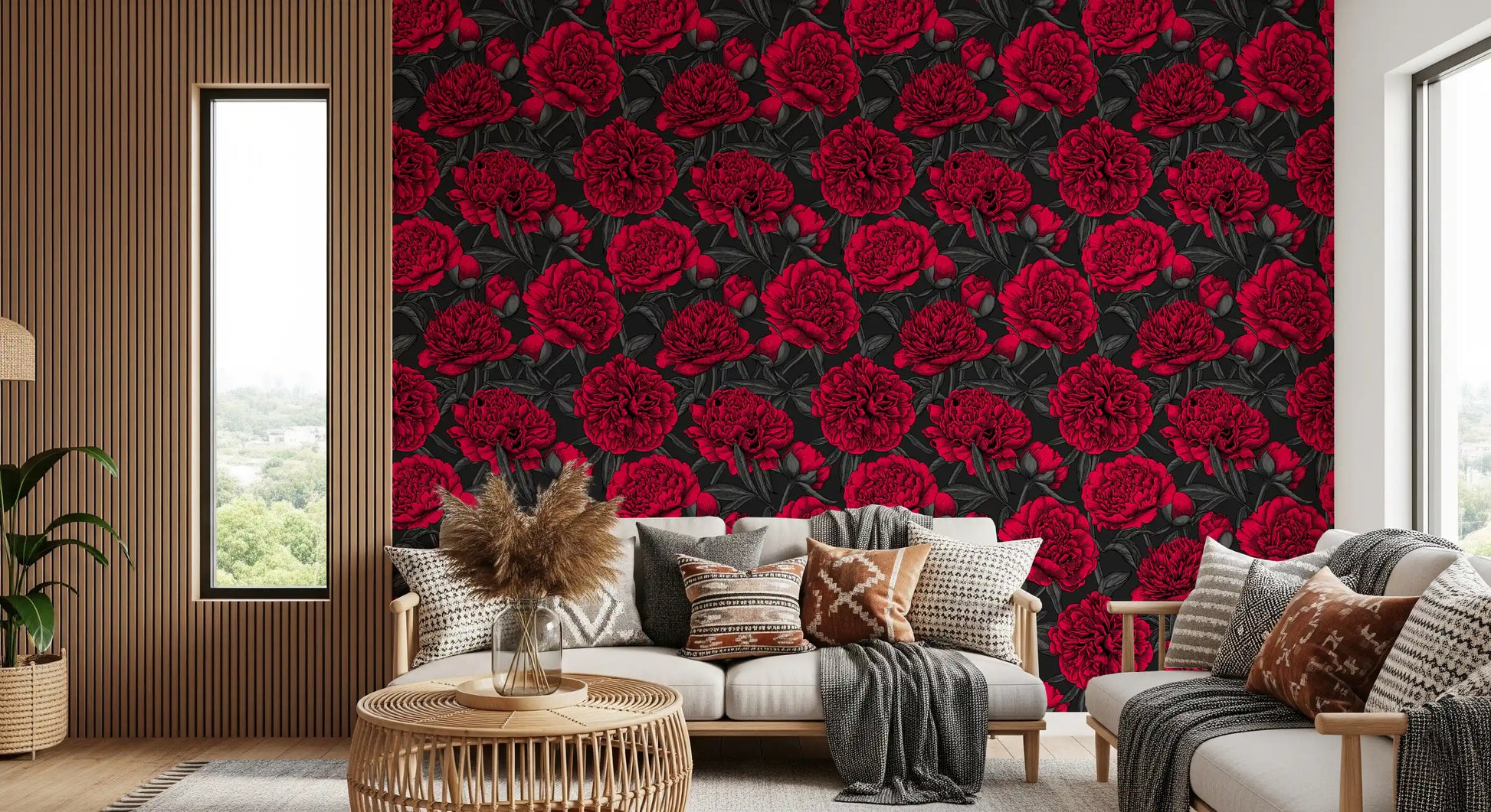 Midnight Crimson Peony Dark Floral Wallpaper Wallpaper⁠
