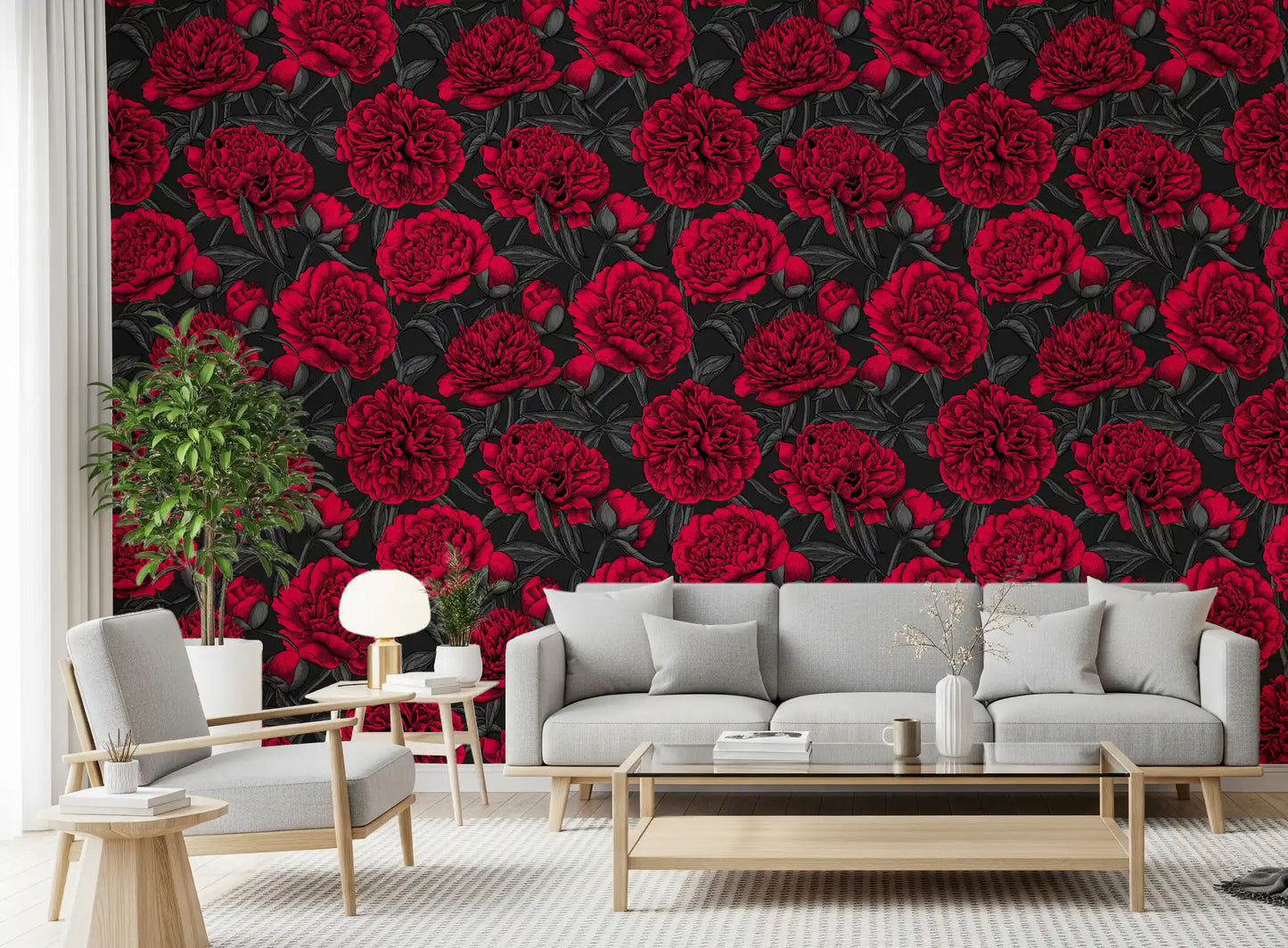 Midnight Crimson Peony Dark Floral Wallpaper Wallpaper⁠