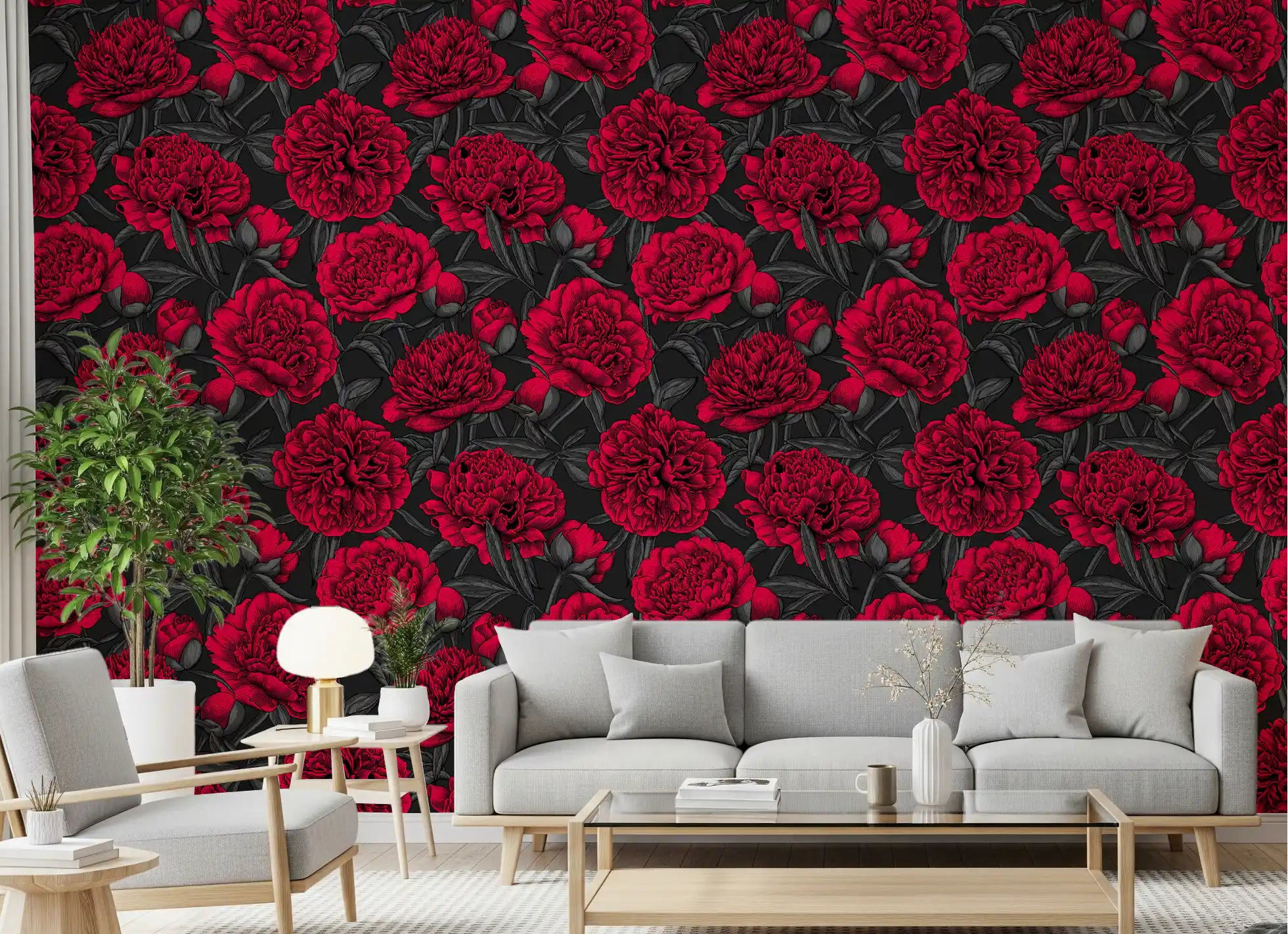 Crimson and charcoal floral wallpaper shown across a living room wall., GD10661