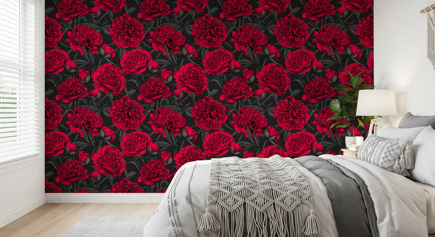 Midnight Crimson Peony Dark Floral Wallpaper Wallpaper⁠