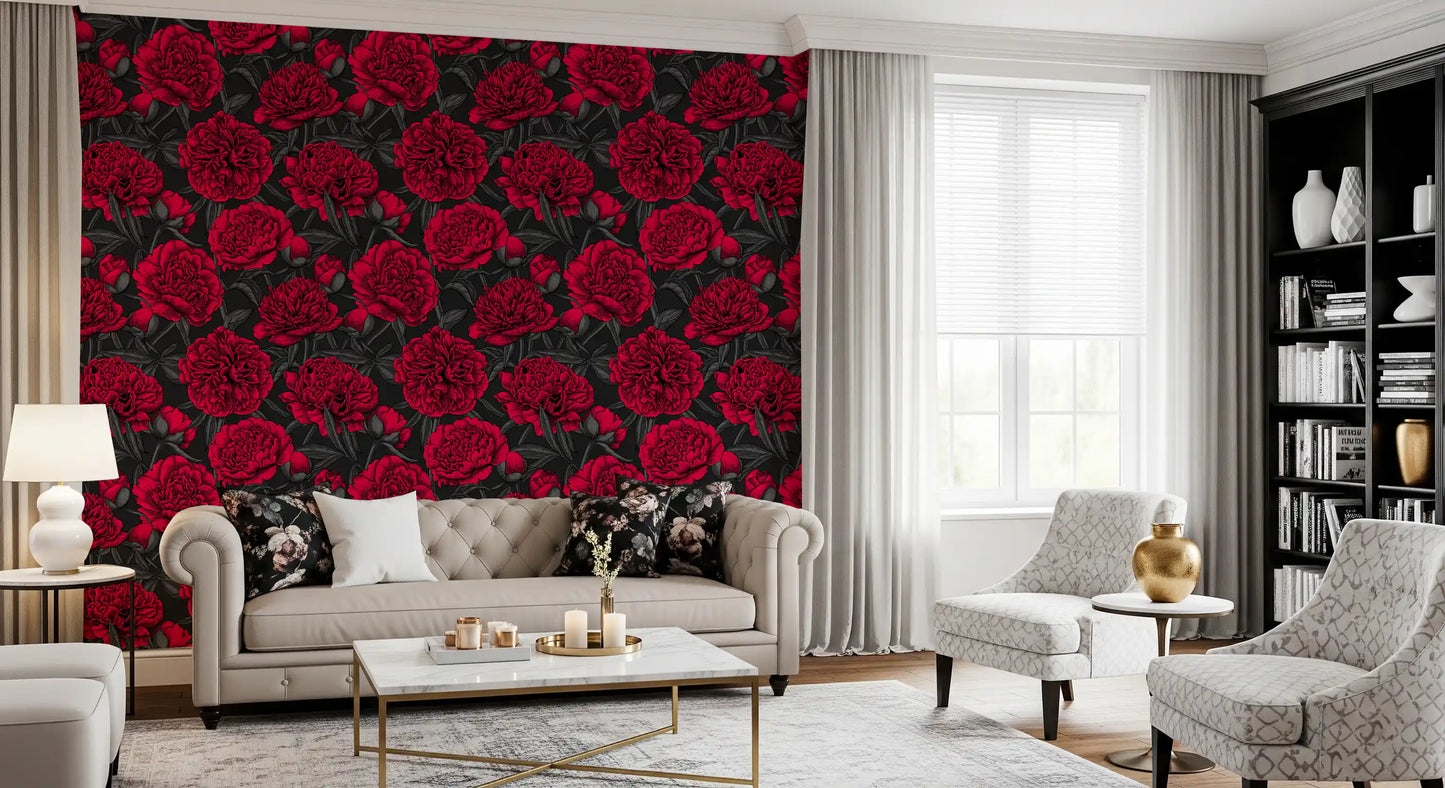 Midnight Crimson Peony Dark Floral Wallpaper Wallpaper⁠