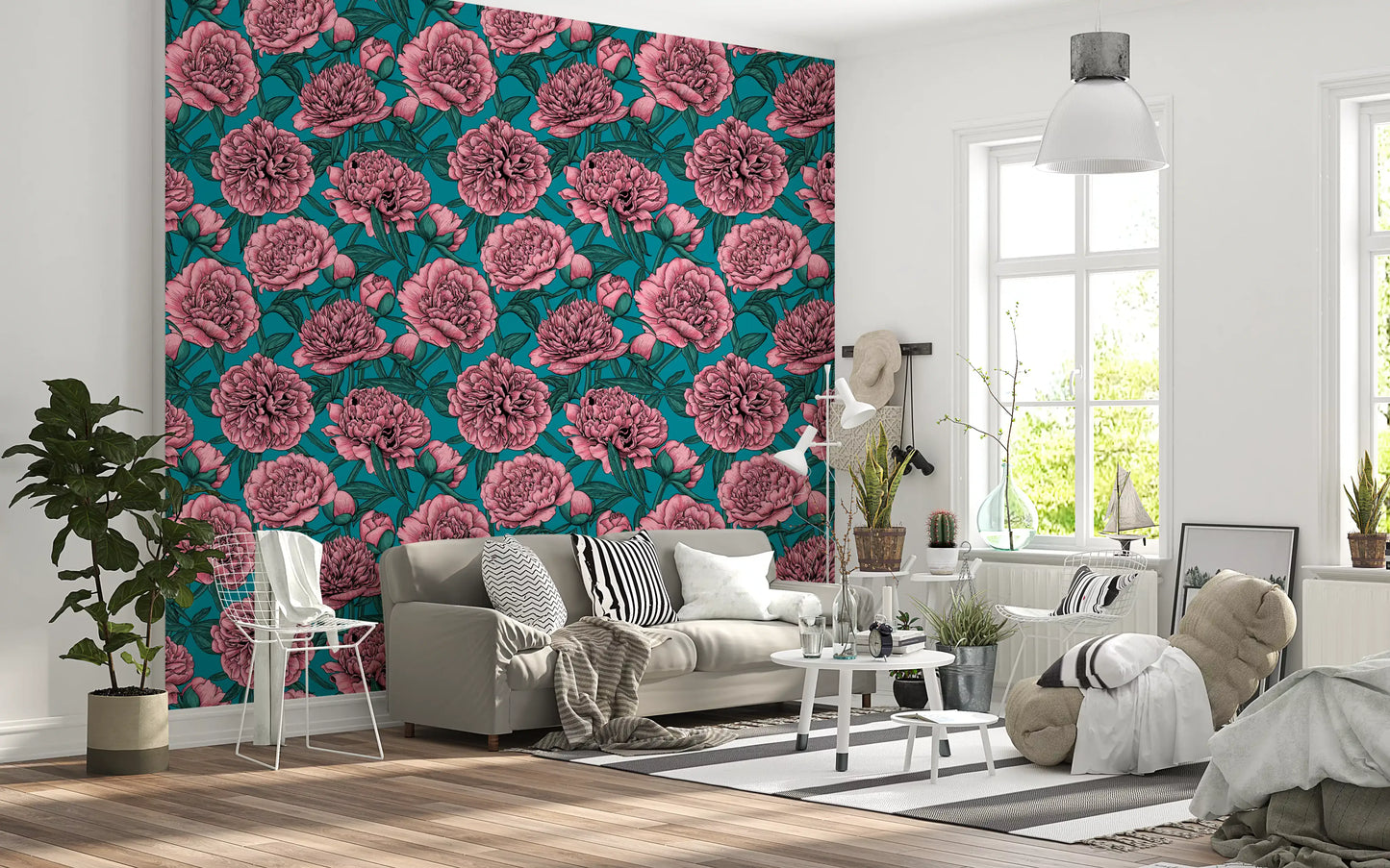 Romantic Teal Peony Botanical Wallpaper Wallpaper⁠