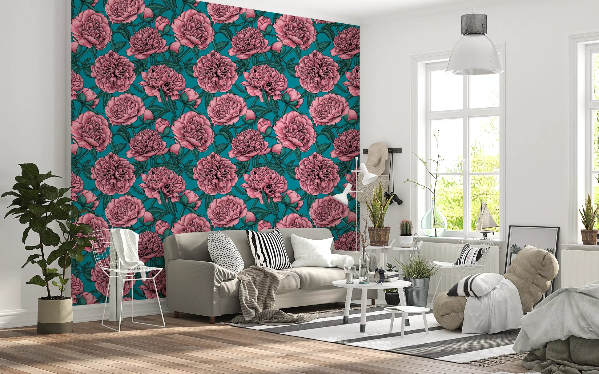 Romantic Teal Peony Botanical Wallpaper Wallpaper⁠